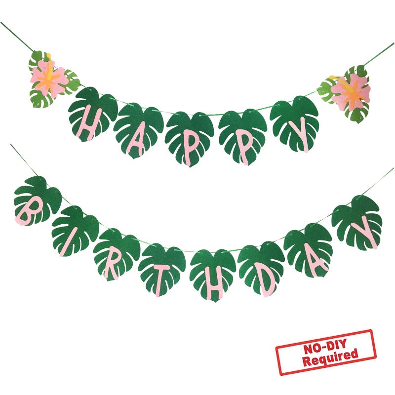 OU RUI Hawaiian Party Happy Birthday Banner for Tropical Luau Party Palm Leaf Decorations - Image 2